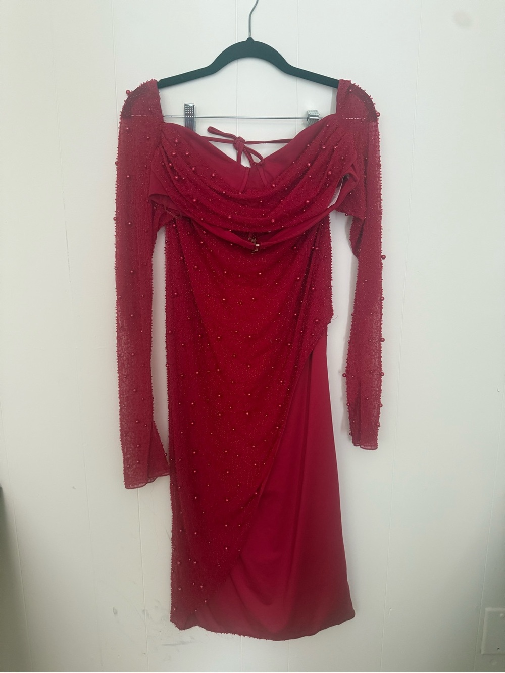 Oh Polly Red Long Sleeve Beaded Draped Crop Top and Skirt